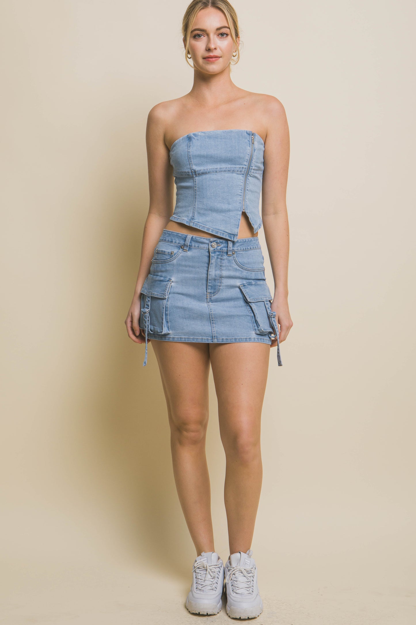 T8019TL Denim Strapless Zipper Vest Top with Smocked Back