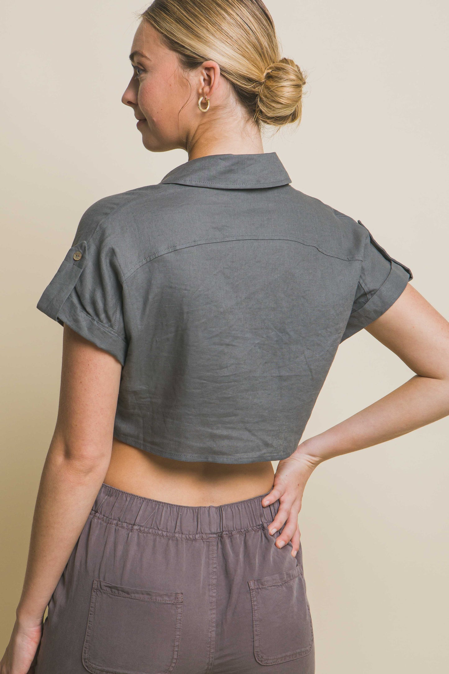 T8065LT Linen Shirt Sleeve Crop Top with Tie Detail