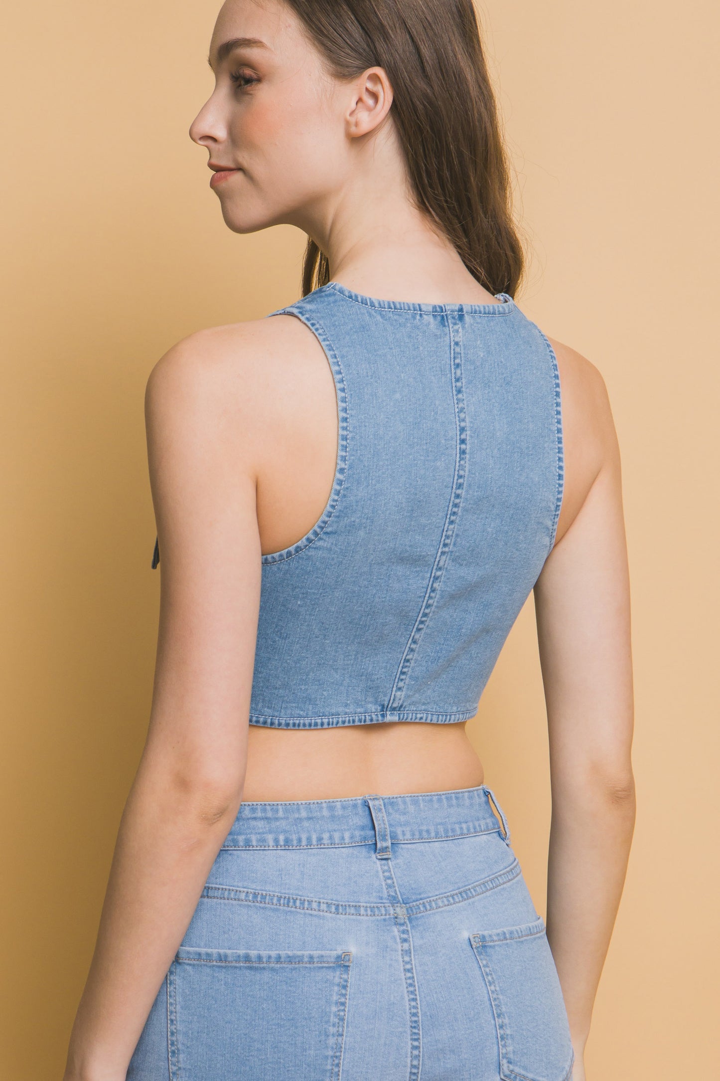 T8017LT  Denim Sleeveless Zipper Crop Vest