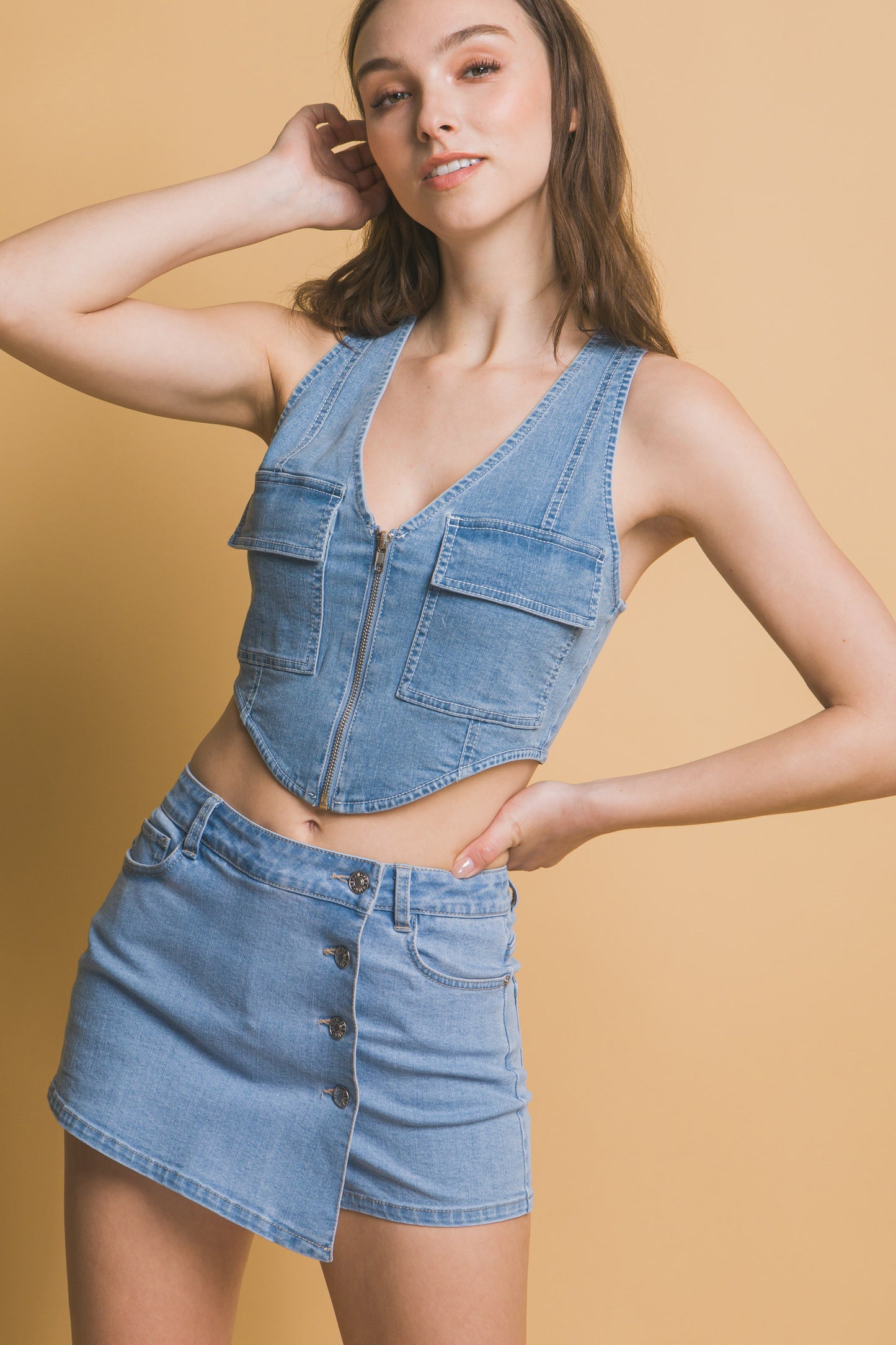 T8017LT  Denim Sleeveless Zipper Crop Vest