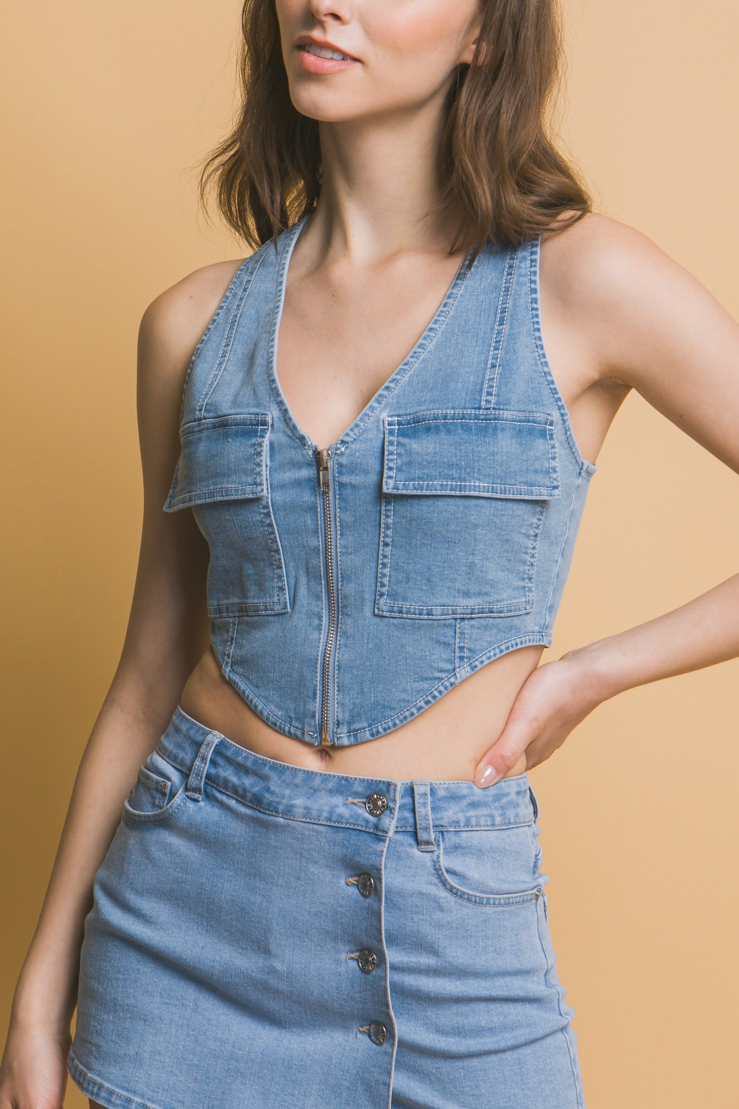 T8017LT  Denim Sleeveless Zipper Crop Vest