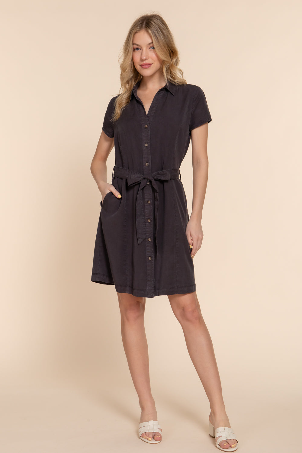 D8084AB SHORT SLV BELTED TENCEL SHIRT MINI DRESS