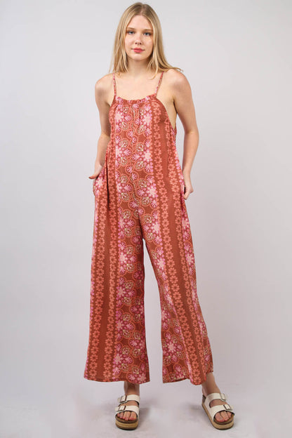 R8068VJ  Printed Wide Leg Comfy Casual Jumpsuit