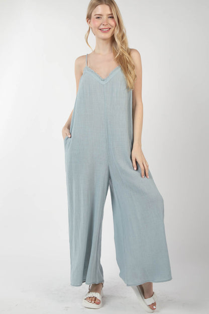 R8072VJ  Frayed Hem Detail Solid Gauze Comfy Wide Leg Jumpsuit