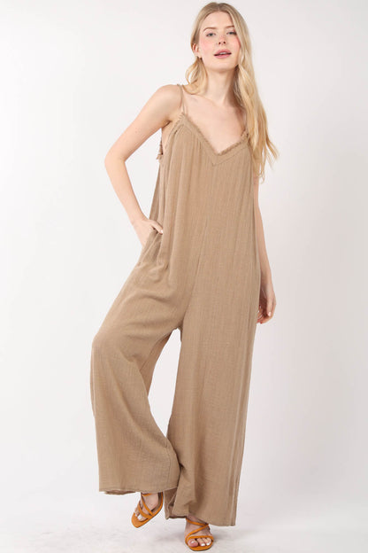 R8072VJ  Frayed Hem Detail Solid Gauze Comfy Wide Leg Jumpsuit