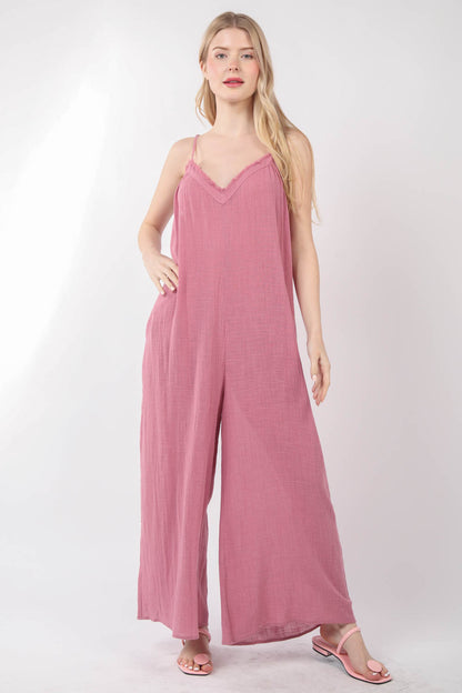 R8072VJ  Frayed Hem Detail Solid Gauze Comfy Wide Leg Jumpsuit