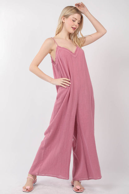 R8072VJ  Frayed Hem Detail Solid Gauze Comfy Wide Leg Jumpsuit