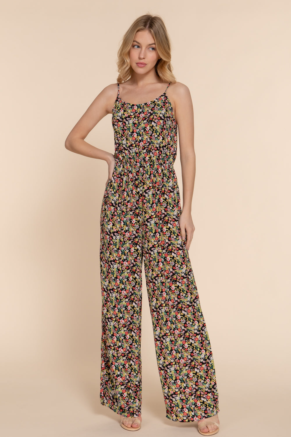 R8011AB FLORAL PRINT WOVEN CAMI JUMPSUIT