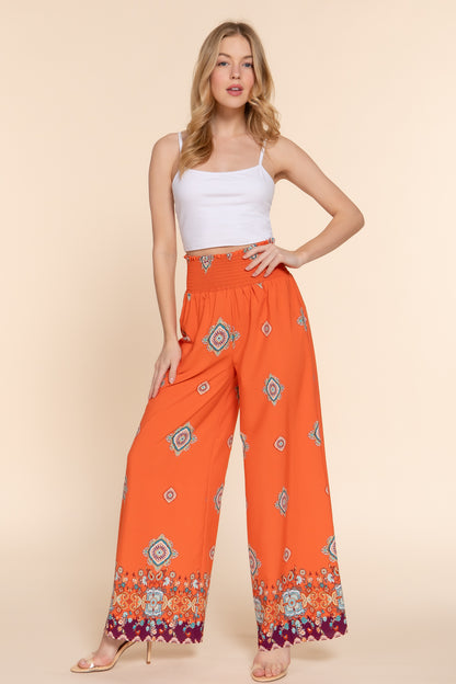 P8073AB WIDE LEG BORDER PRINT WOVEN PANTS