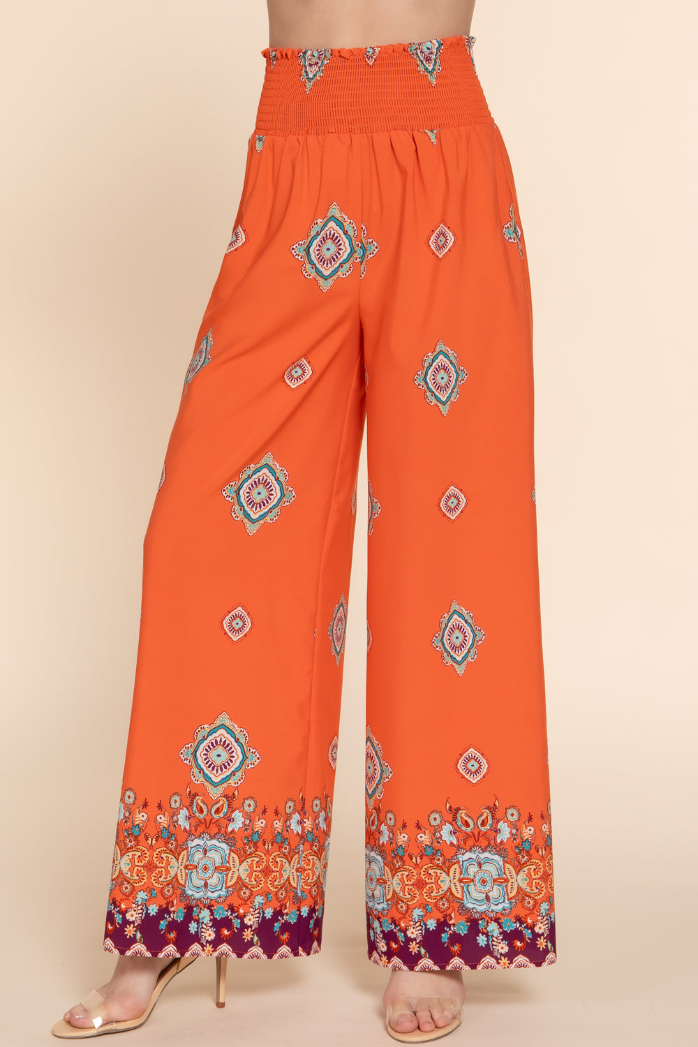 P8073AB WIDE LEG BORDER PRINT WOVEN PANTS