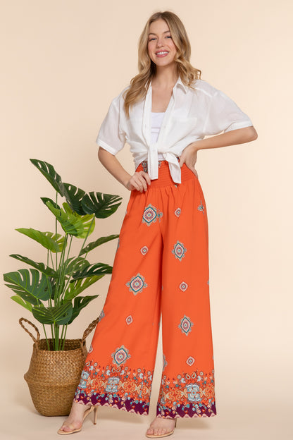 P8073AB WIDE LEG BORDER PRINT WOVEN PANTS