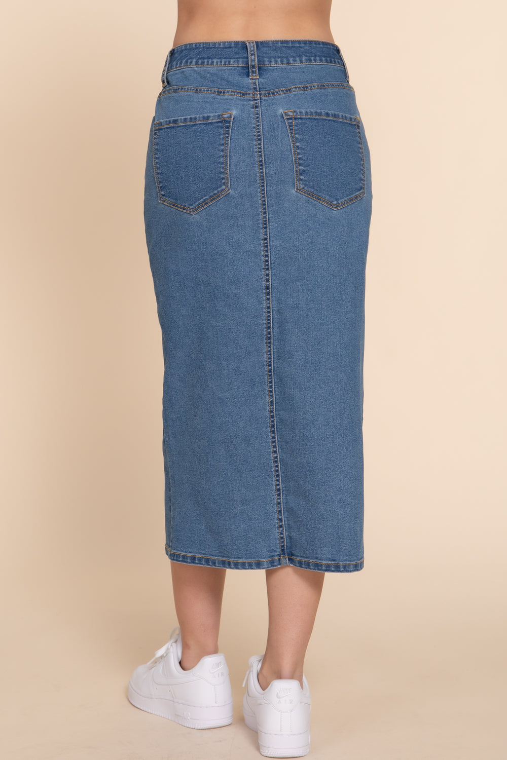 S8007AB MIDDLE SLIT MIDI DENIM SKIRT