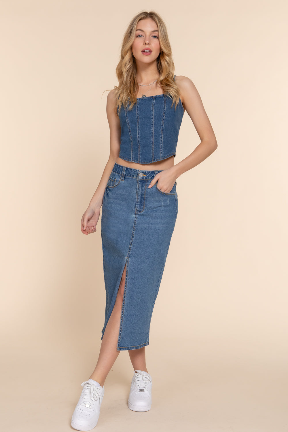 S8007AB MIDDLE SLIT MIDI DENIM SKIRT