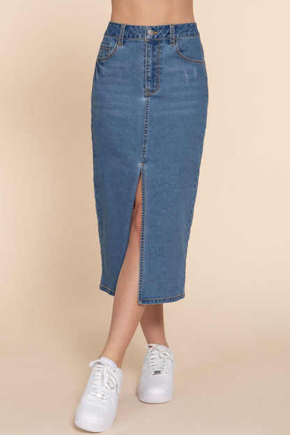 S8007AB MIDDLE SLIT MIDI DENIM SKIRT