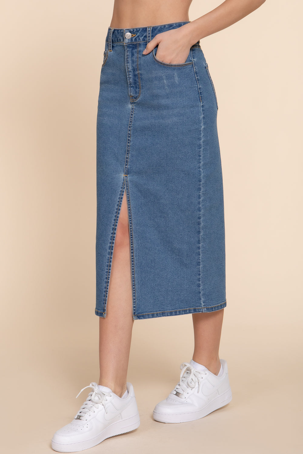 S8007AB MIDDLE SLIT MIDI DENIM SKIRT