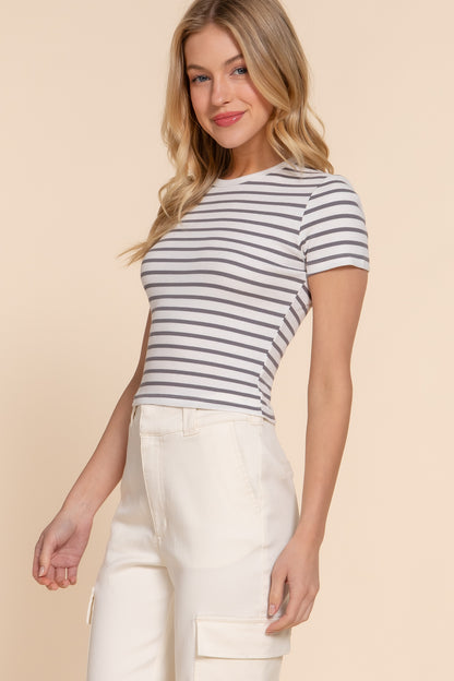 T8087AB SHORT SLV STRIPE COTTON RIB TOP