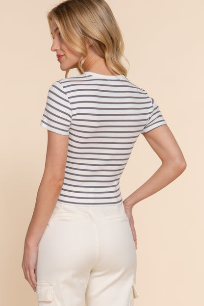 T8087AB SHORT SLV STRIPE COTTON RIB TOP