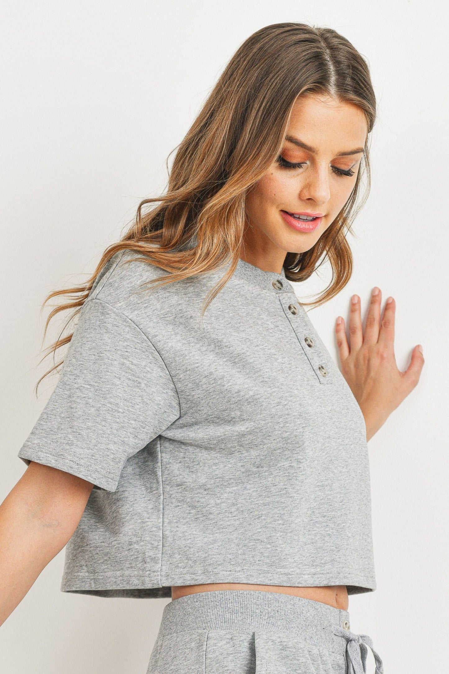 Solid French Terry Button Front Short Sleeve Top