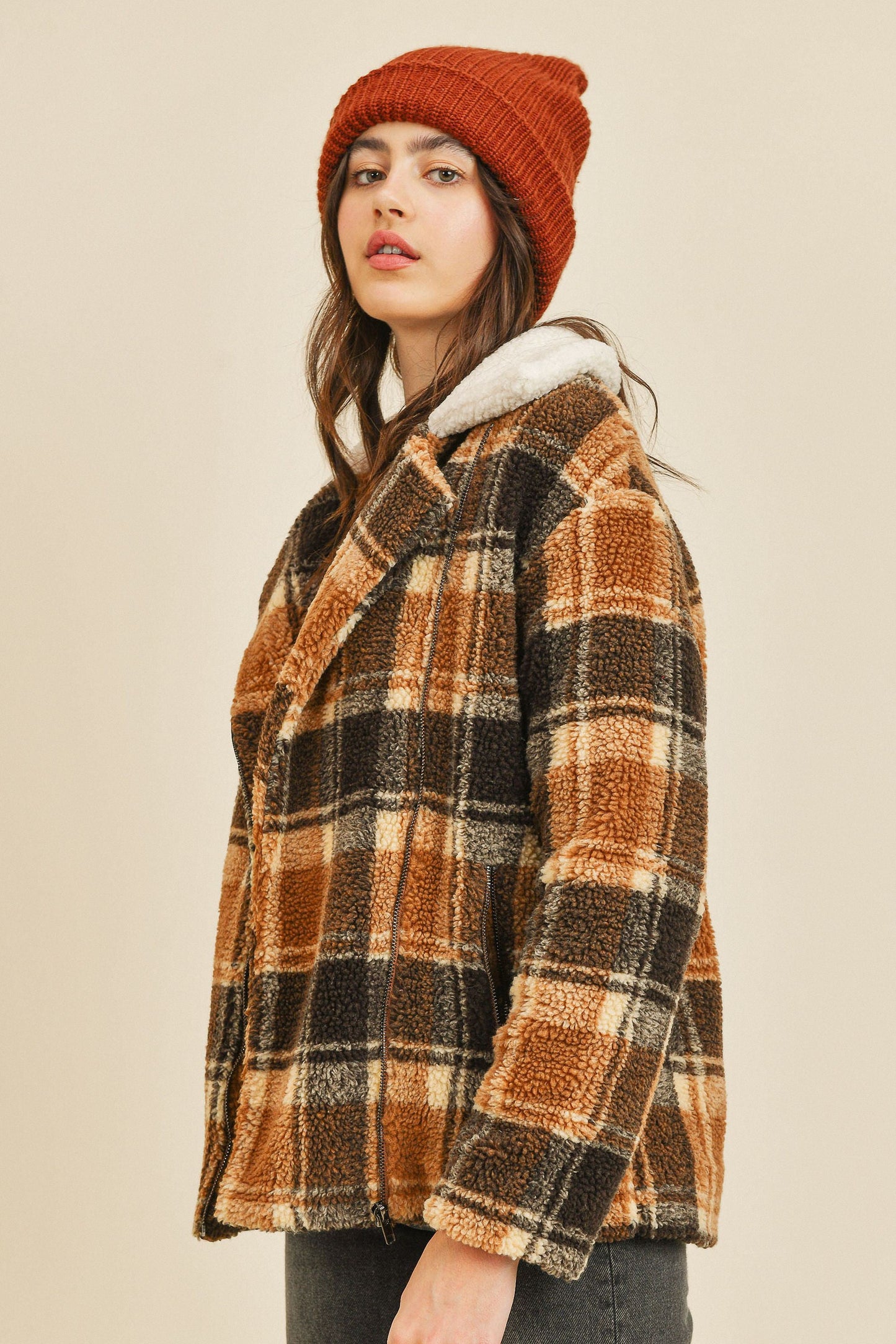 Soft Fleece Zipped Plaid Long Sleeve Jacket