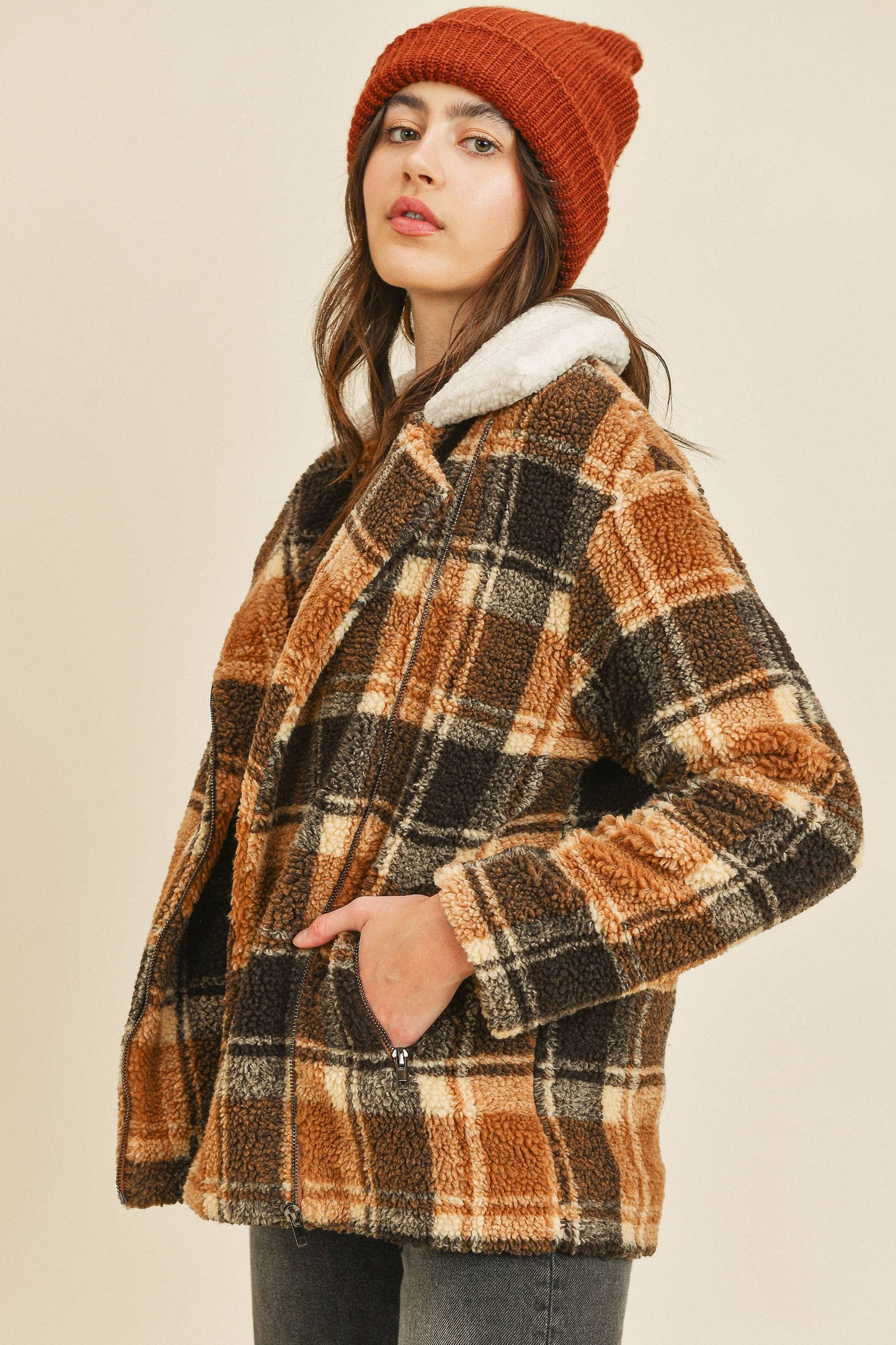 Soft Fleece Zipped Plaid Long Sleeve Jacket