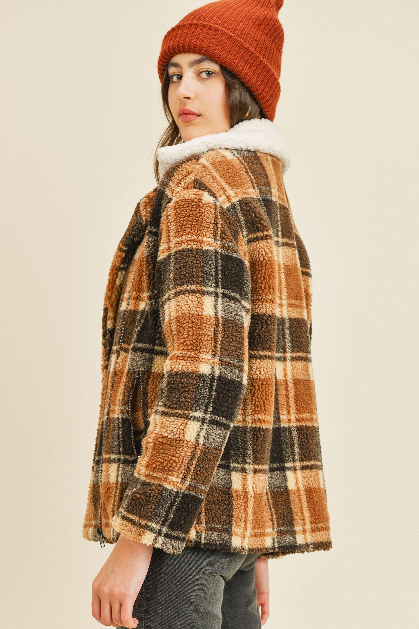 Soft Fleece Zipped Plaid Long Sleeve Jacket