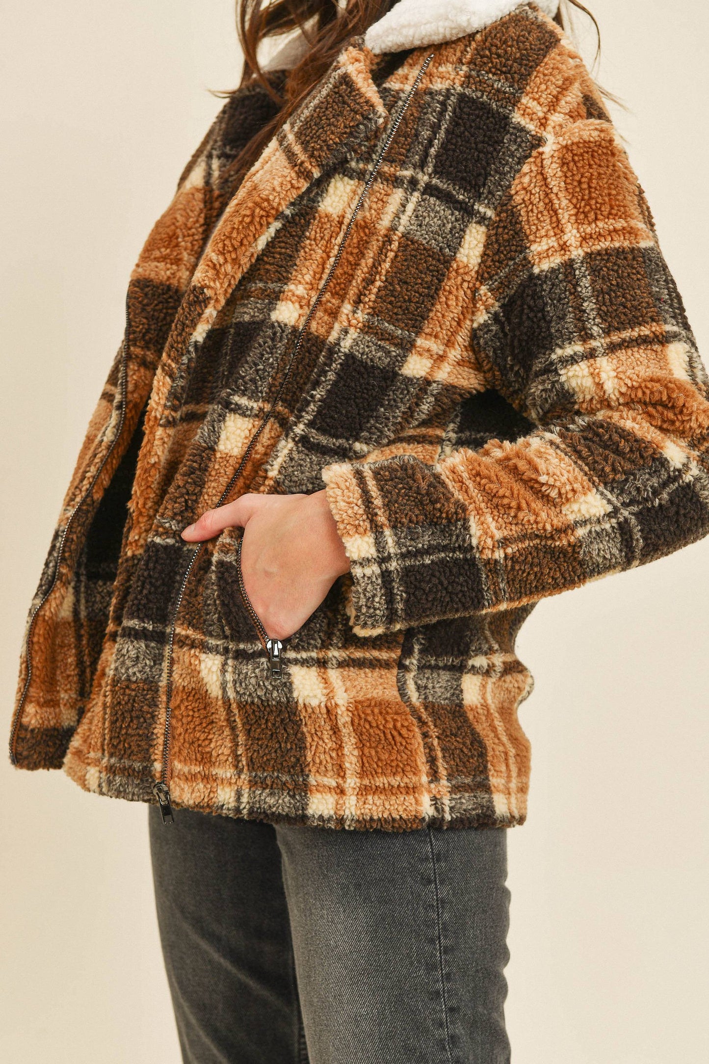 Soft Fleece Zipped Plaid Long Sleeve Jacket