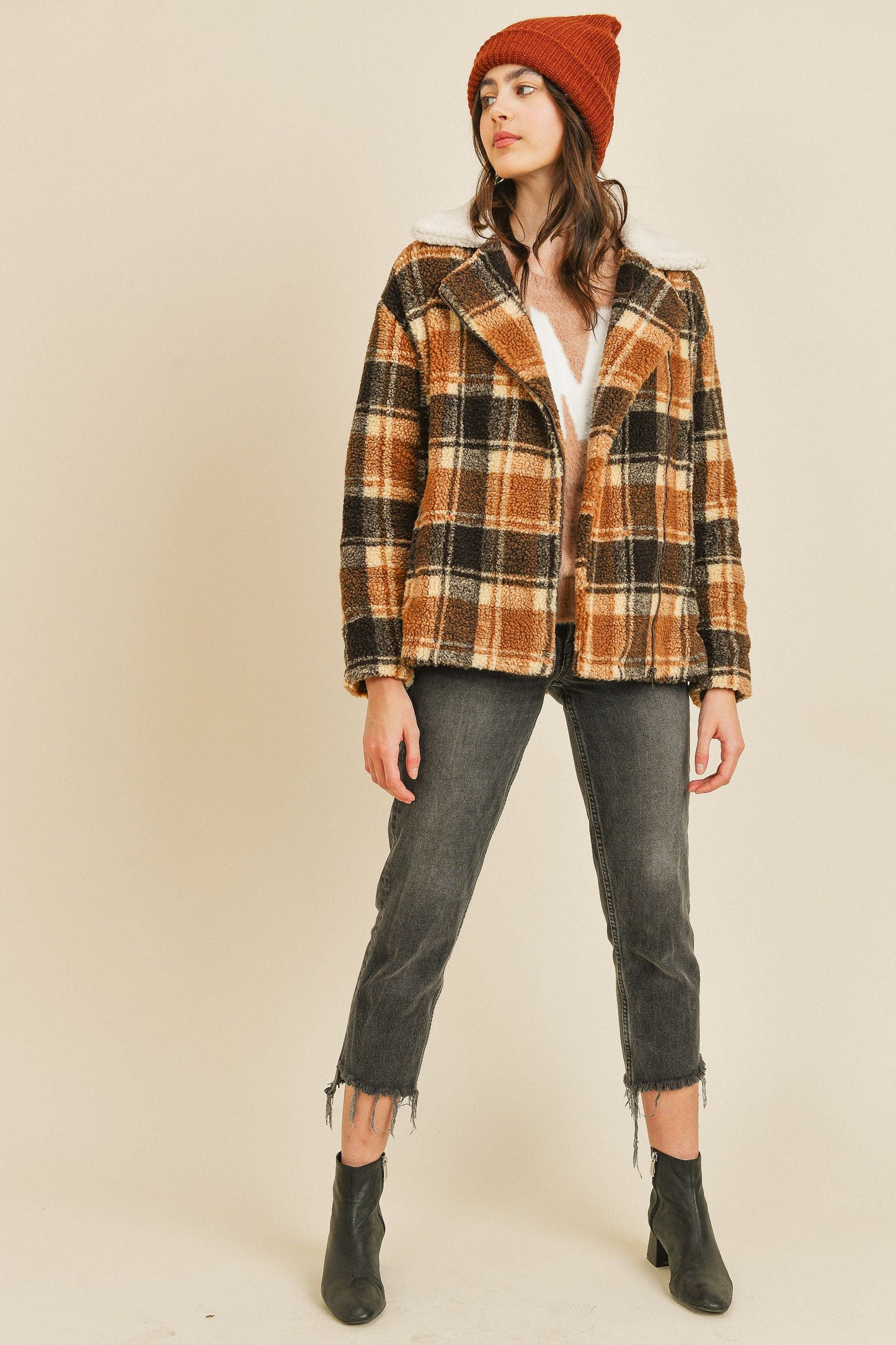 Soft Fleece Zipped Plaid Long Sleeve Jacket