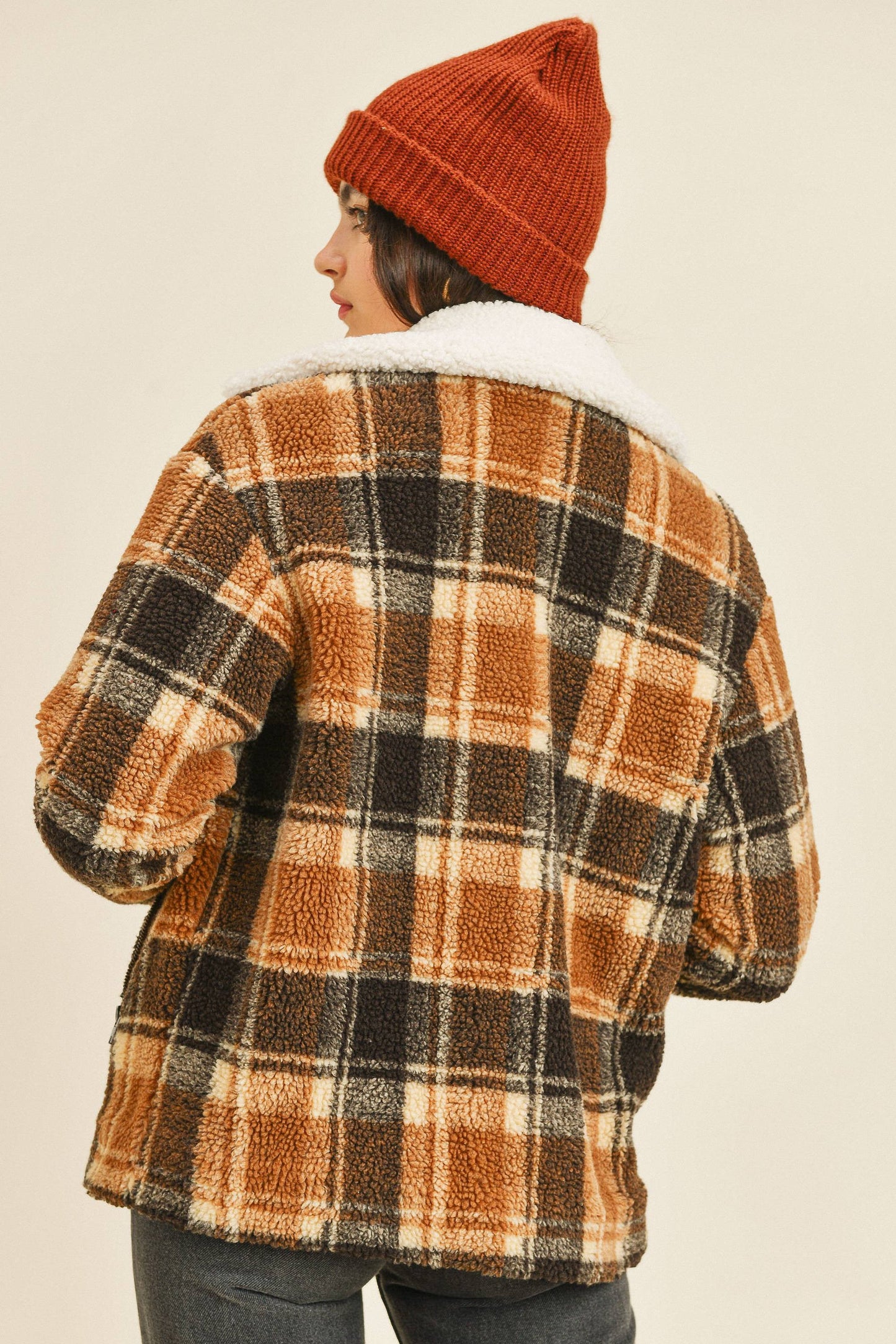 Soft Fleece Zipped Plaid Long Sleeve Jacket