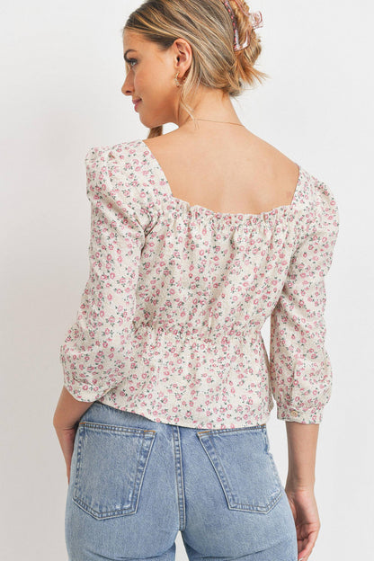 Floral Print Waist Elastic 3/4 Sleeve Top