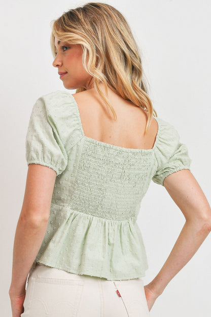 Knot Detail Dot Texture Ruffle Peplum Blouse