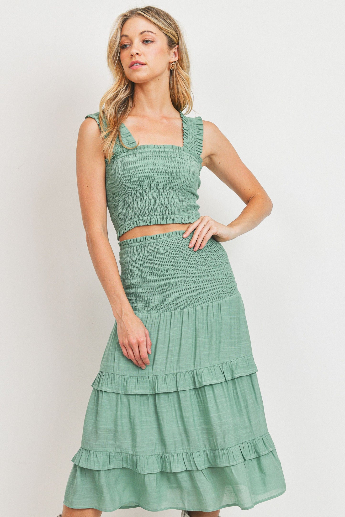 Textured Woven Fabric Smocking Tiered Skirt