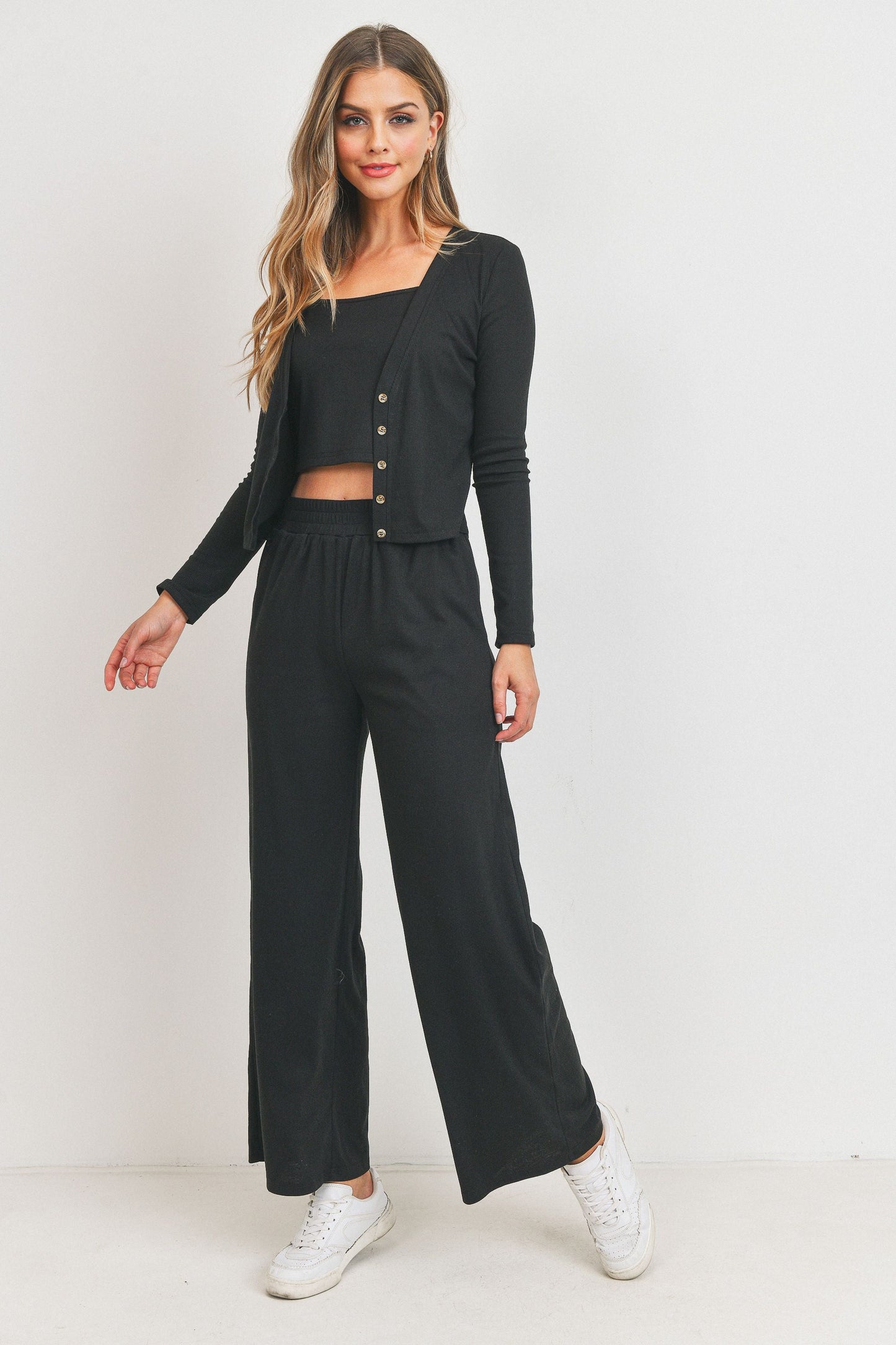 Rib Crop Tank with Button Front Long Sleeve Cardigan Set