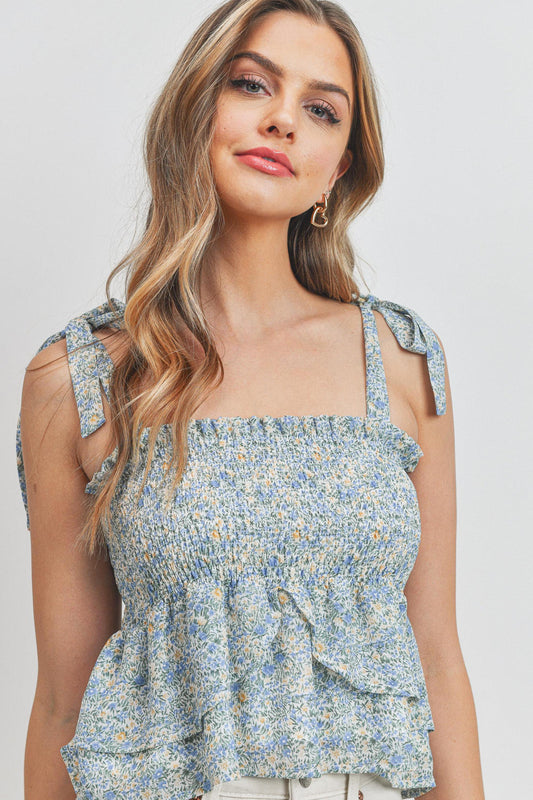 Adjustable Strap Smocked Floral Top