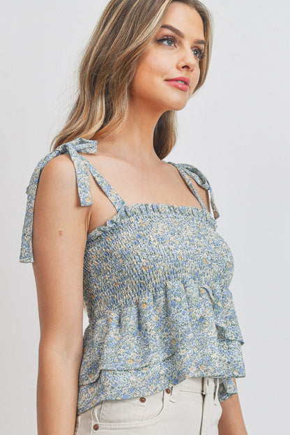 Adjustable Strap Smocked Floral Top