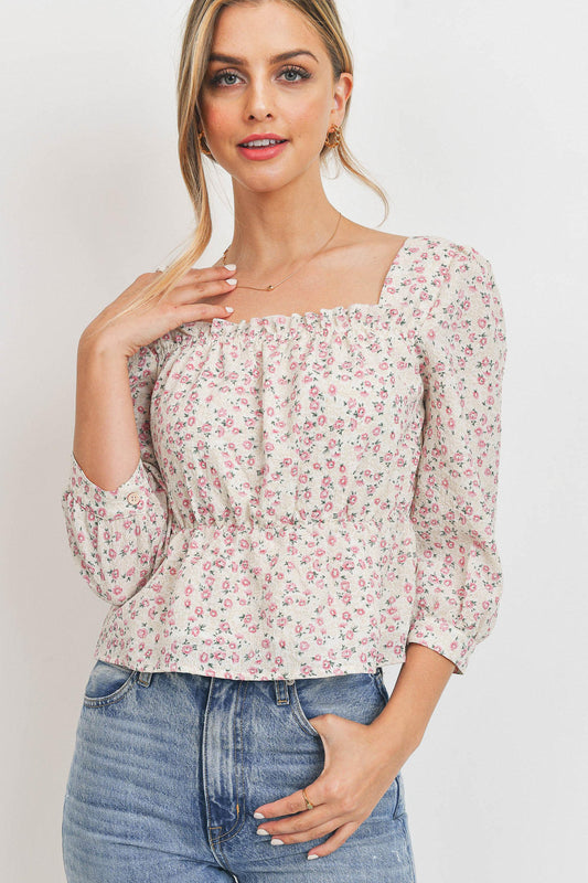 Floral Print Waist Elastic 3/4 Sleeve Top