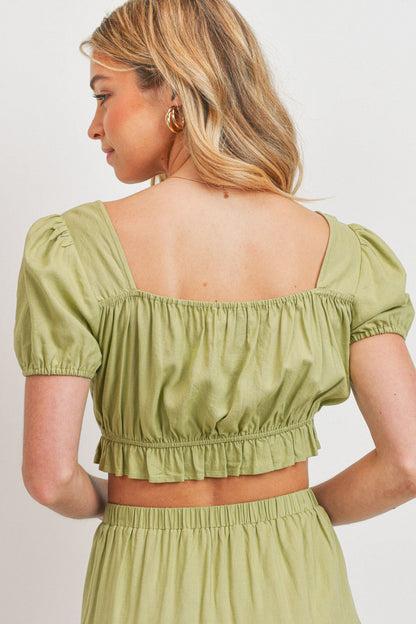 Short Puff Sleeve Square Neck Tie Frill Top