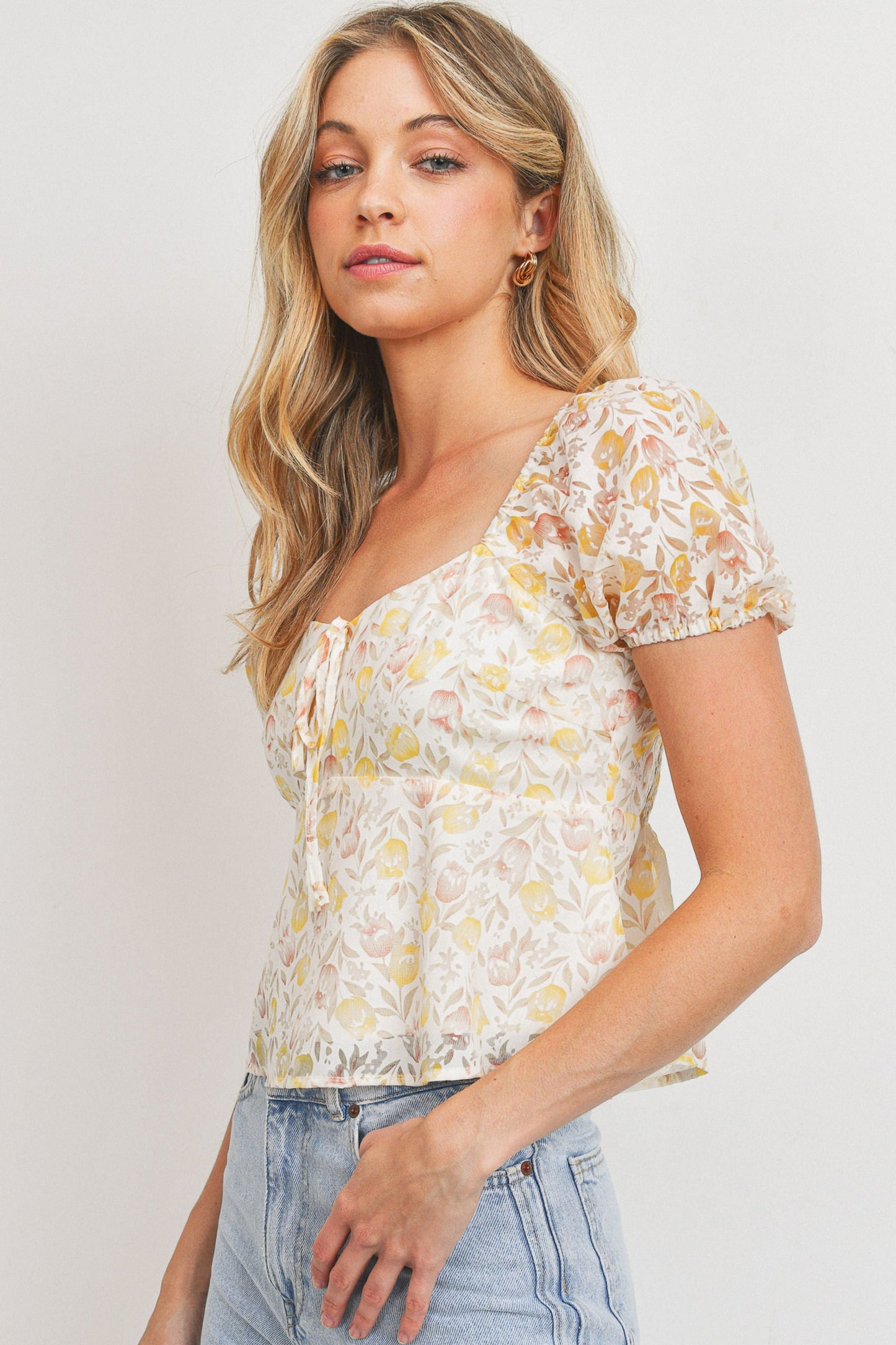 Burnout Floral Print Smocking Back Short Sleeve Top