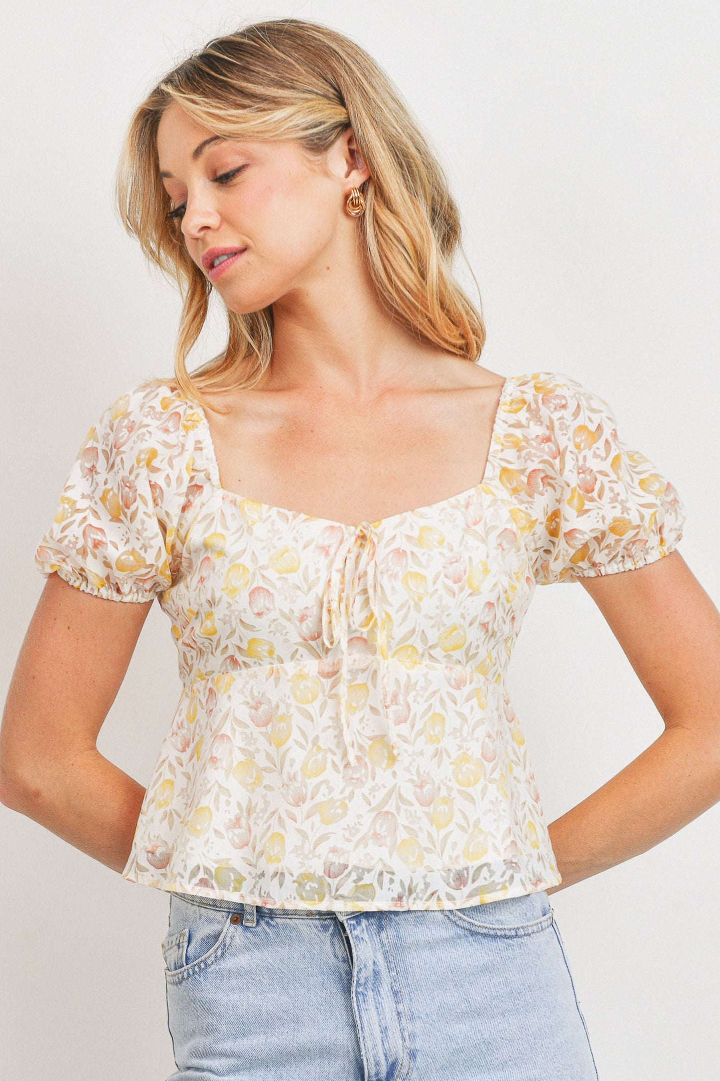 Burnout Floral Print Smocking Back Short Sleeve Top