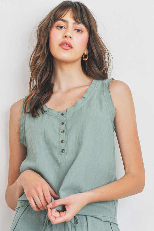 5 Button V Neck Sleeveless Top