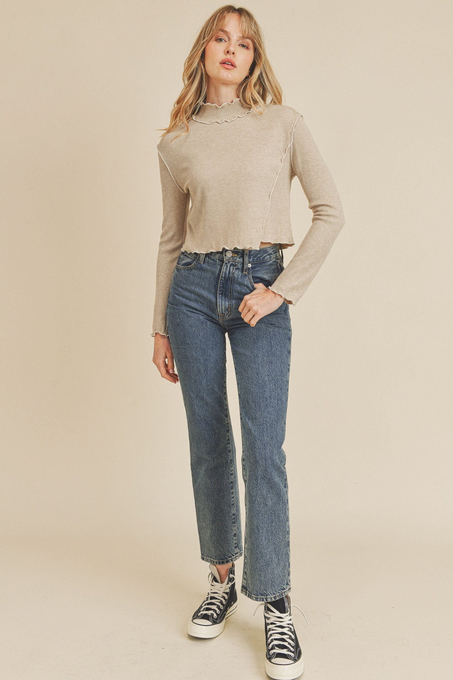 Turtle Neck Merrow Finish Unbalanced Crop Long Sleeve