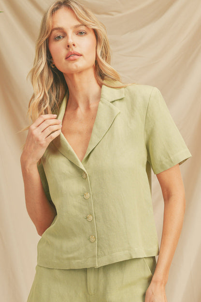 Button Closure Short Sleeve Crop Top