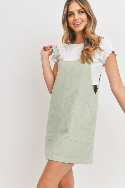 Solid Woven Fabric Overall Front Pocket Dress