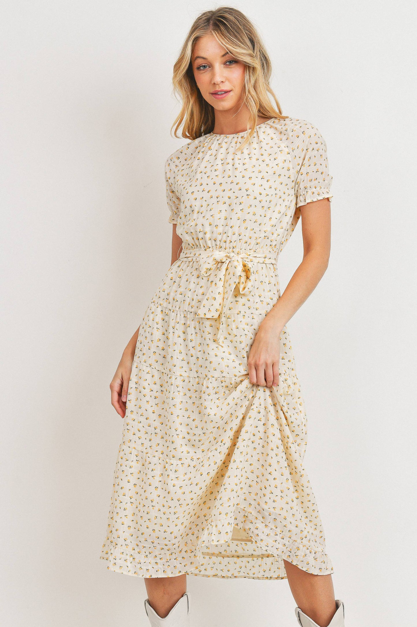 Short Sleeve Round Neck Bow Tie Dress