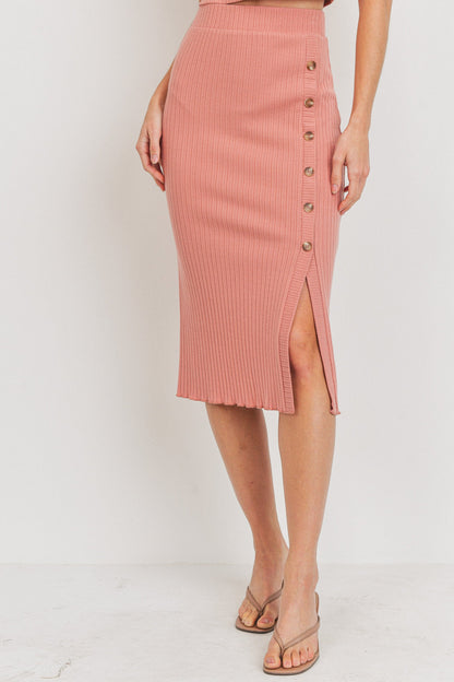 Soft Rib Pointed Button Front Side Midi Skirt