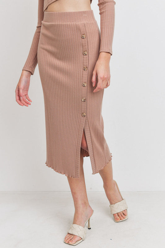 Button Detail Rib Midi Skirt