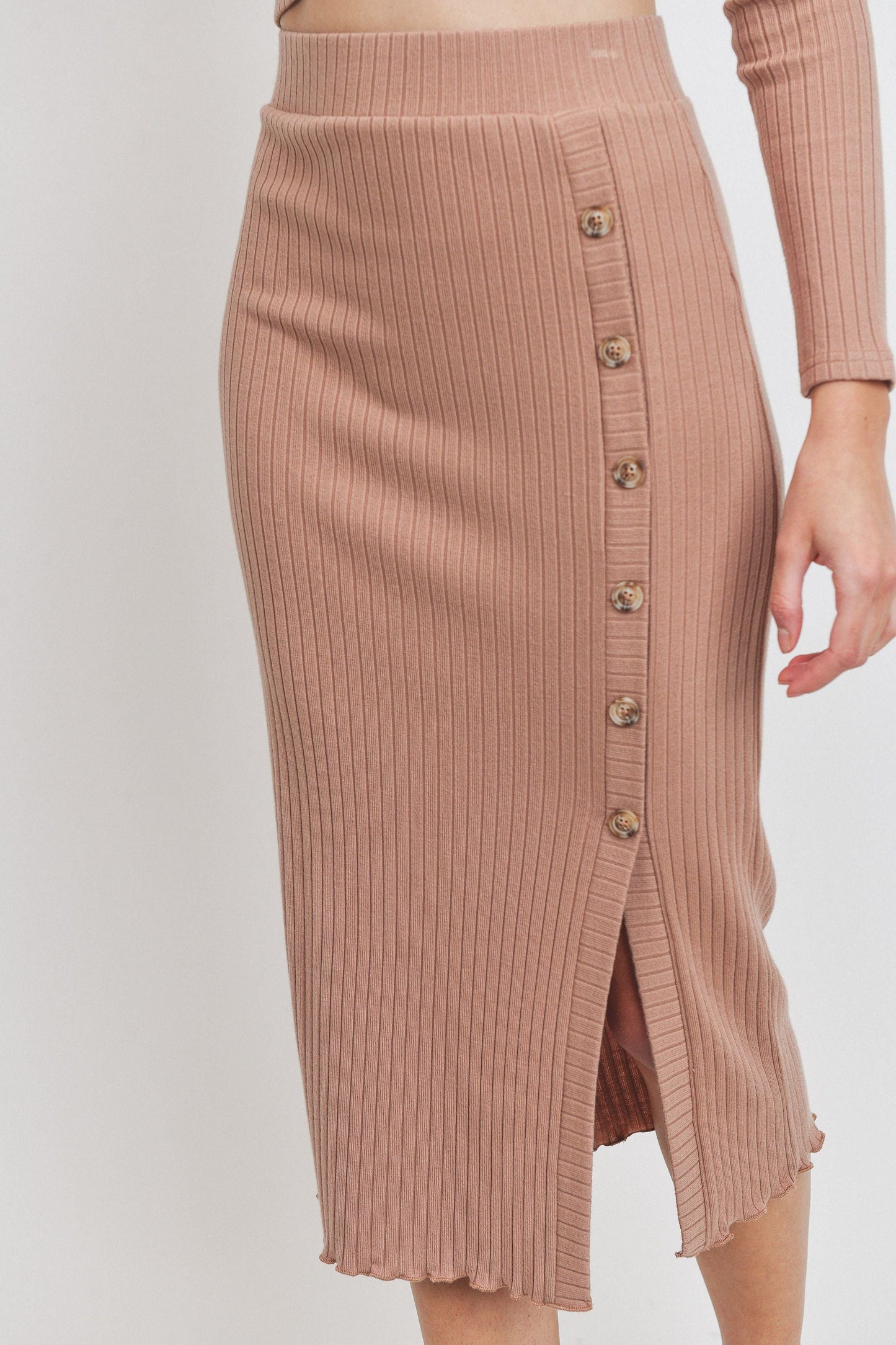 Button Detail Rib Midi Skirt