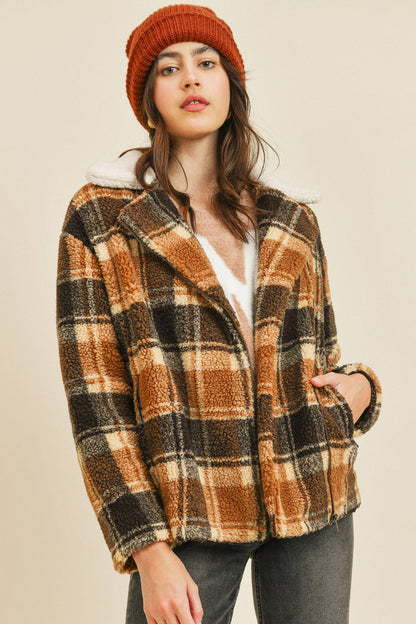 Soft Fleece Zipped Plaid Long Sleeve Jacket